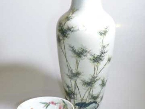 Chinese vase with tree decoration 41cm high and a Chinese fruit decorated...
