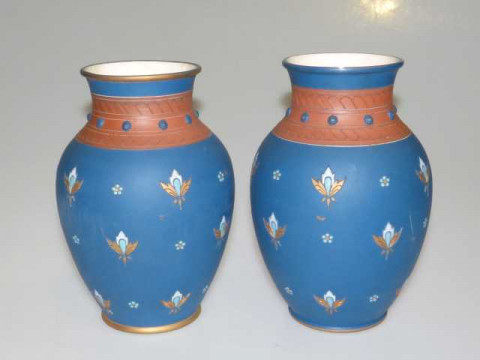 Pair of Mettlach bulbous blue vases with floral sprig decoration, 22cm...
