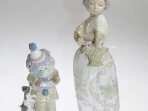 Lladro clown and Nao figure of young girl with basket.
