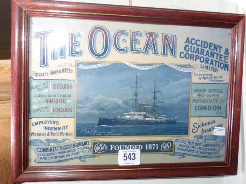 Framed 'The Ocean Insurance Co' advertisement
