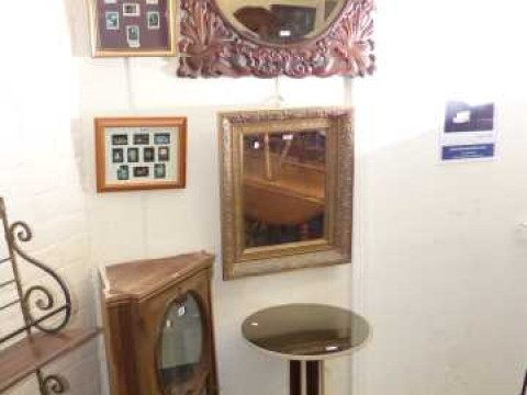 Glazed panel door corner wall cabinet, circular mirror topped occasional...