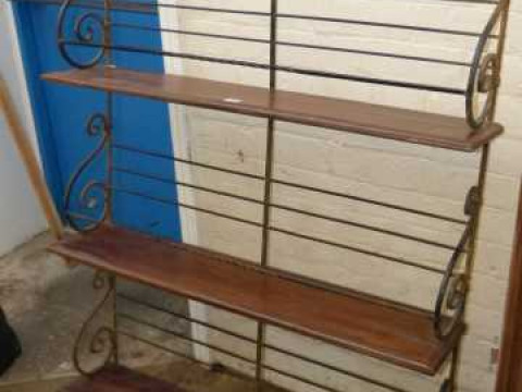 Wrought iron and mahogany three tier wall shelf