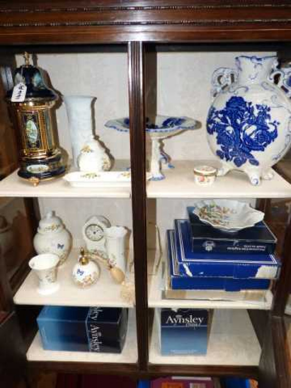 Aynsley china ornaments, Kaiser vase, blue and white comport and vase, collectors plates and musical ornaments