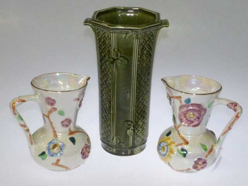 Pair of Arthur Wood floral decorated jugs and a green vase