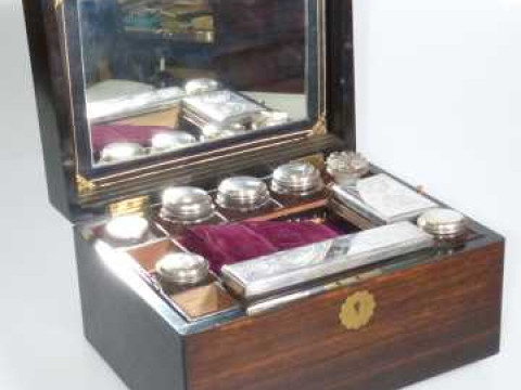 Late Victorian rosewood toilet box complete with bottles and secret drawer