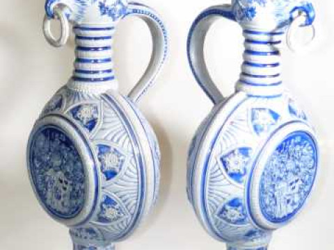 Pair of large German cobalt blue and grey moon flask jugs with egret and...