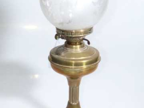 Brass oil lamp with frosted and etched glass shade