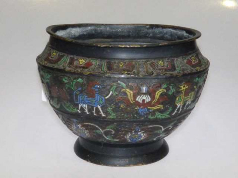 19th Century Chinese cast metal pot with enamel painted mythical creature...