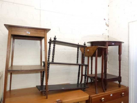 Two oak occasional tables, small Edwardian walnut drop leaf table and...