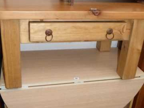 Drop leaf kitchen table and four foldaway chairs and low pine side table