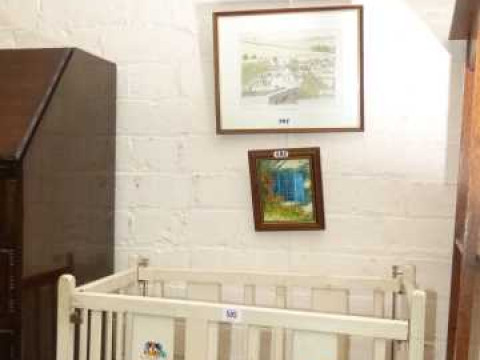 1930's doll's cot and original bed linen and three pictures