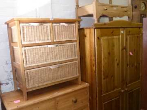 Pine double door wardrobe, pine five drawer chest, pine washstand and...