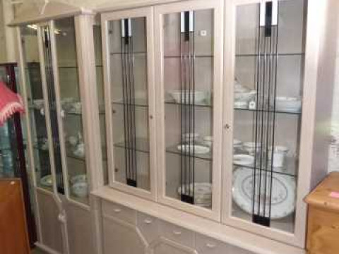 Two limed oak finish illuminated leaded glazed door display units
