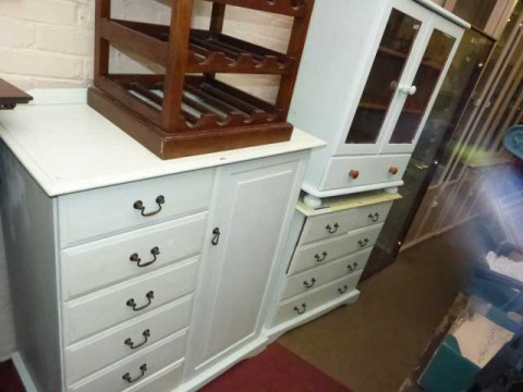 Child's painted wardrobe and matching chest, painted glazed door cabinet...