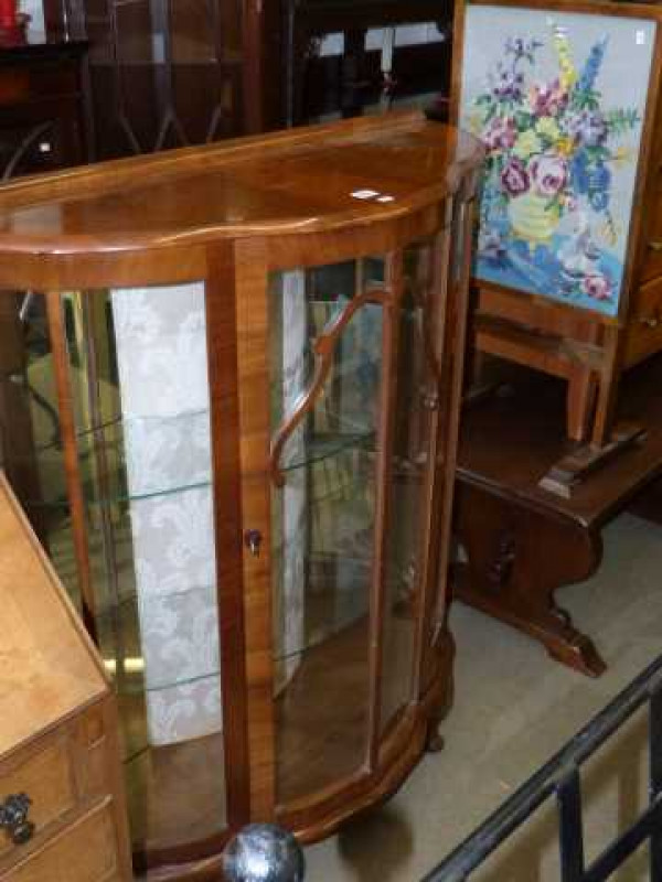 Walnut shaped front china cabinet and needlework firescreen-table