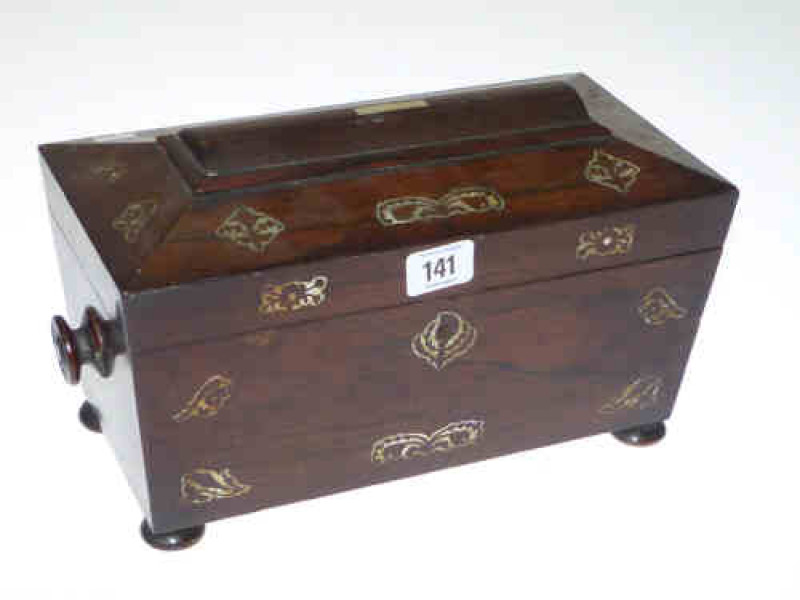 Victorian rosewood tea caddy with mother of pearl inlay
