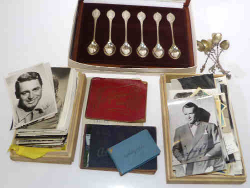 Cased set of six silver 'The Sovereign Queen's' spoon collection, three autograph albums and two boxes of signed film star photographs