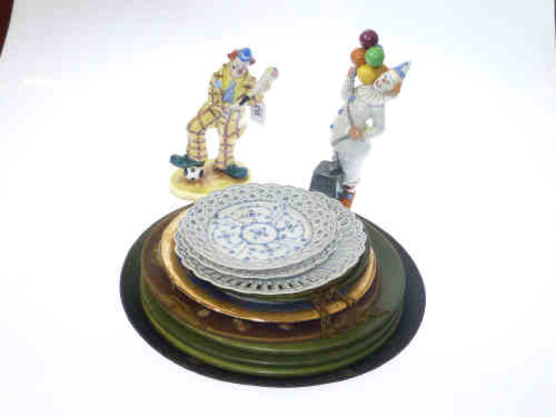 Royal Doulton figure 'Balloon Clown', Coalport figure 'Cavalcade of Clowns', six decorated metal plates, framed Victorian photograph, three blue and white plates and a Limoges plate