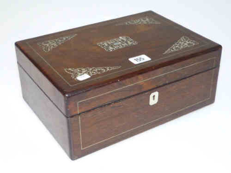 Victorian rosewood work box with mother of pearl inlay