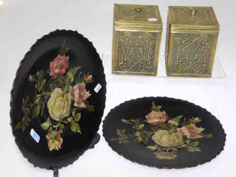 Two brass tea caddies and pair of papier mache comports