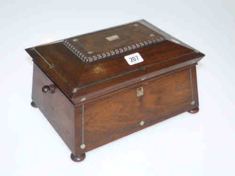 Georgian rosewood and mother or pearl inlay stationery box on bun feet