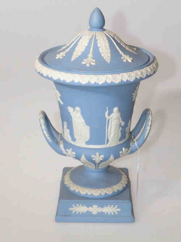 Wedgwood blue jasper urn vase and cover, 30cm high