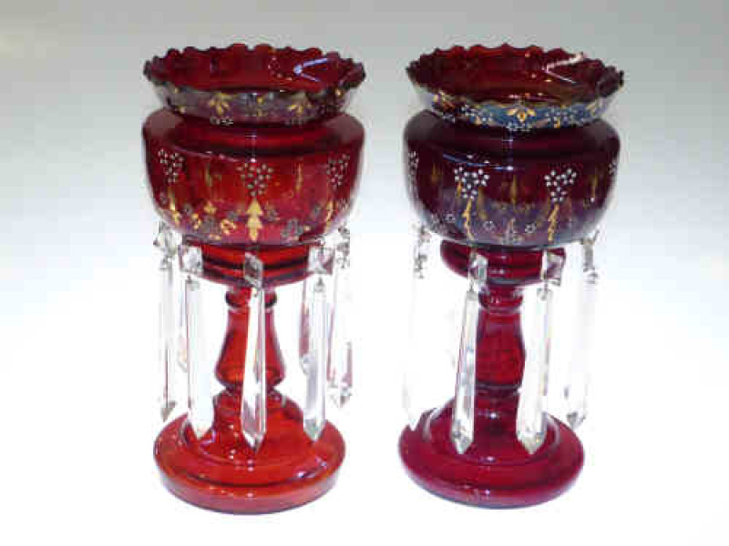 Pair Victorian gilt decorated red glass table lustres