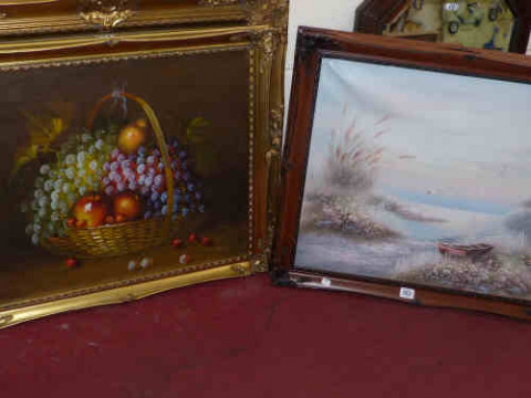 Four framed furnishing oil paintings, two still life and two lake scenes