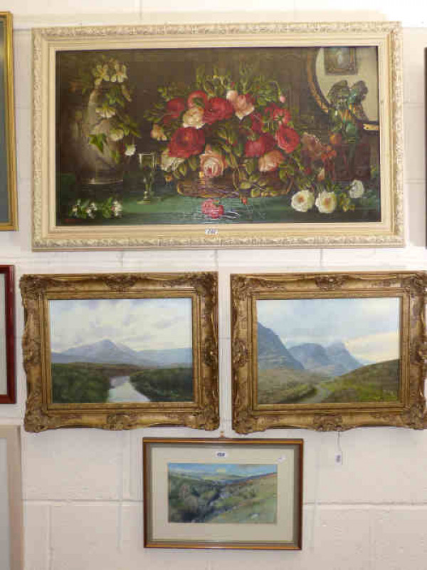 F C Orbitt, still life oil painting, 50cm x 90cm, G Ritchie '78, pair of mountain scenes, oil paintings, 28cm x 39cm and a watercolour 'The Semerwater' (4)