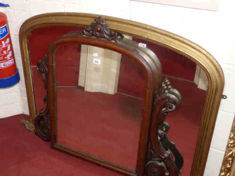 Gilt framed overmantel mirror and a Victorian walnut mirror