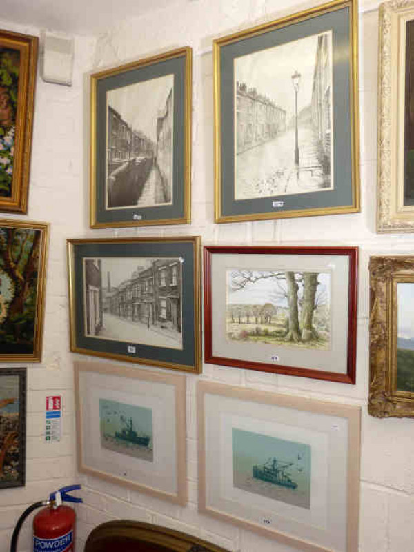 Three Walton prints of Bradford, two fishing boat prints and watercolour rural scene