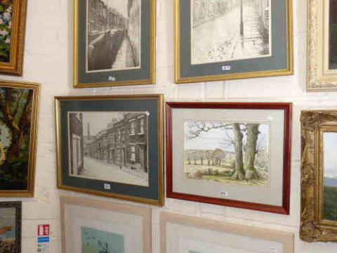 Three Walton prints of Bradford, two fishing boat prints and watercolour...