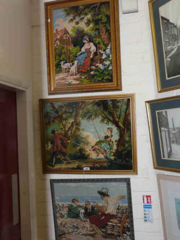 Three framed woolwork pictures