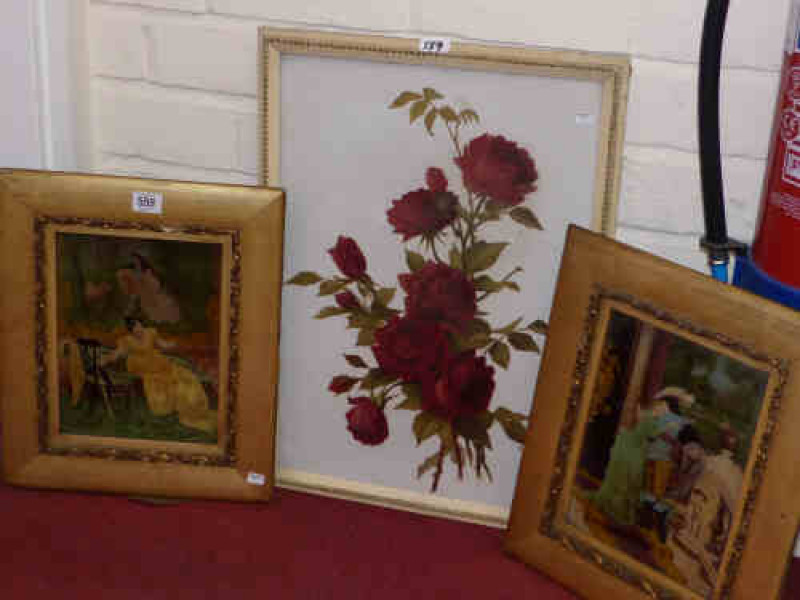 Two Victorian framed chrystoleums and a floral painting on glass (3)