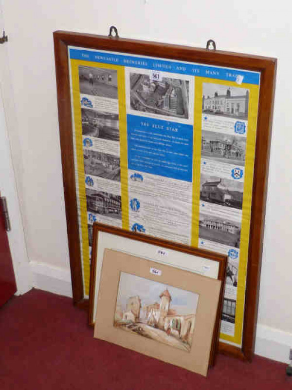 Framed print of Durham, Newcastle Breweries, Blue Star photograph and watercolour of a Continental village scene (3)
