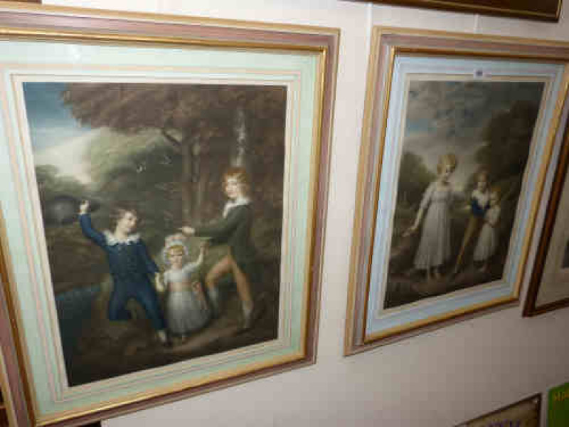 Two framed coloured prints of children in 19th Century dress, signed