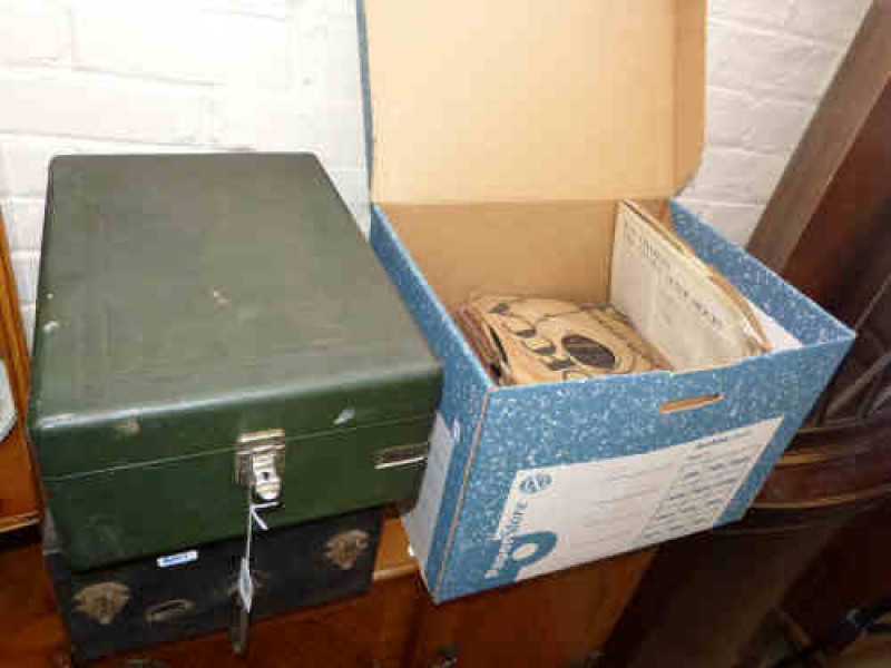 Two portable gramophones and collection of records