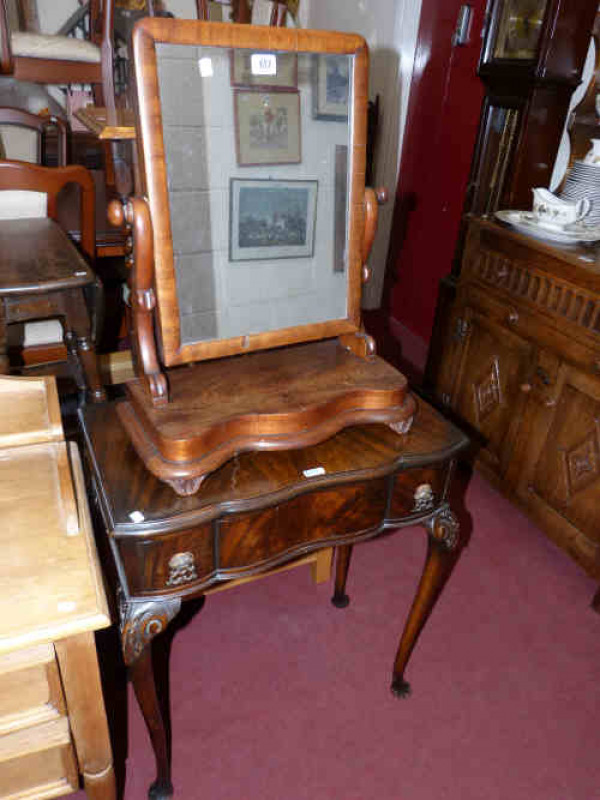 Victorian mahogany toilet mirror and walnut cabriole leg single drawer side table