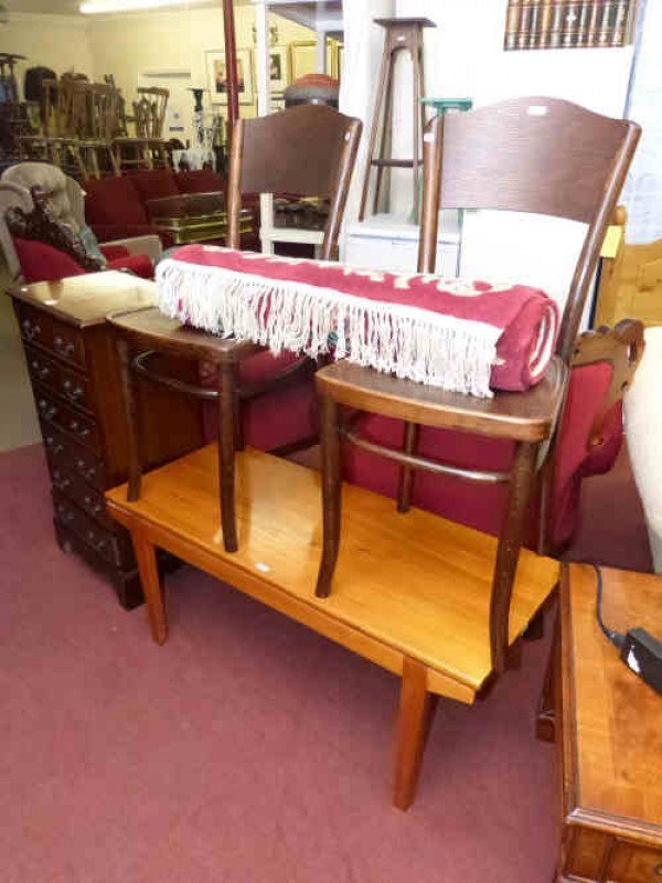 Slim mahogany six drawer chest, pair bentwood chairs, coffee table and Chinese rug (5)