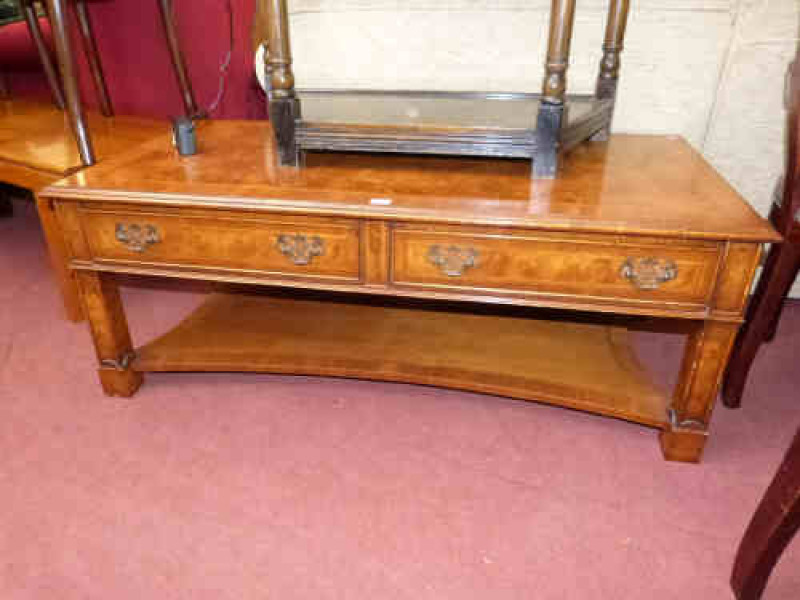 Burr walnut two drawer rectangular low table