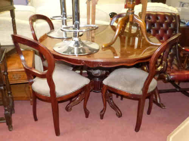 Italian style circular dining table and four shaped balloon back chairs