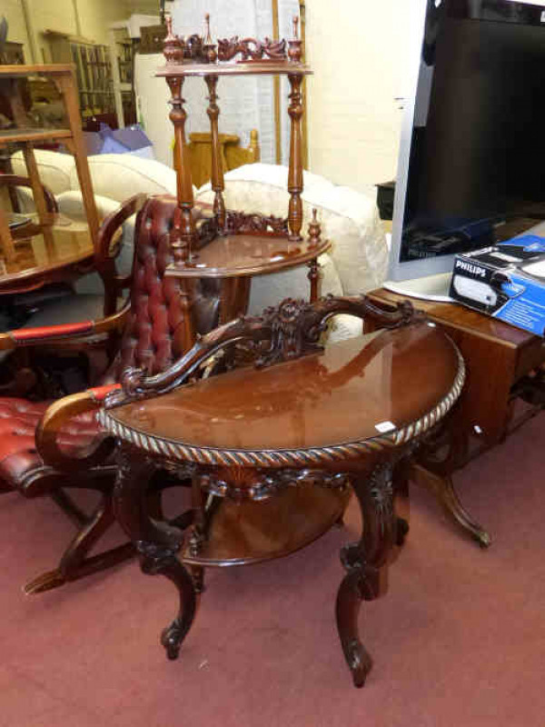 Polished mahogany demi-lune hall table and four tier corner whatnot