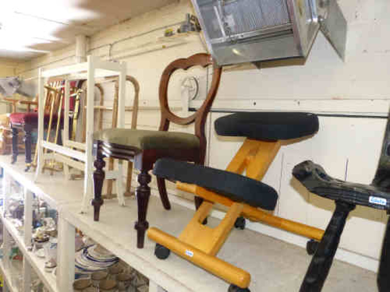 Two Victorian mahogany chairs, elbow chair, brass coat rail, two towel rails, stool and occasional chair (8)