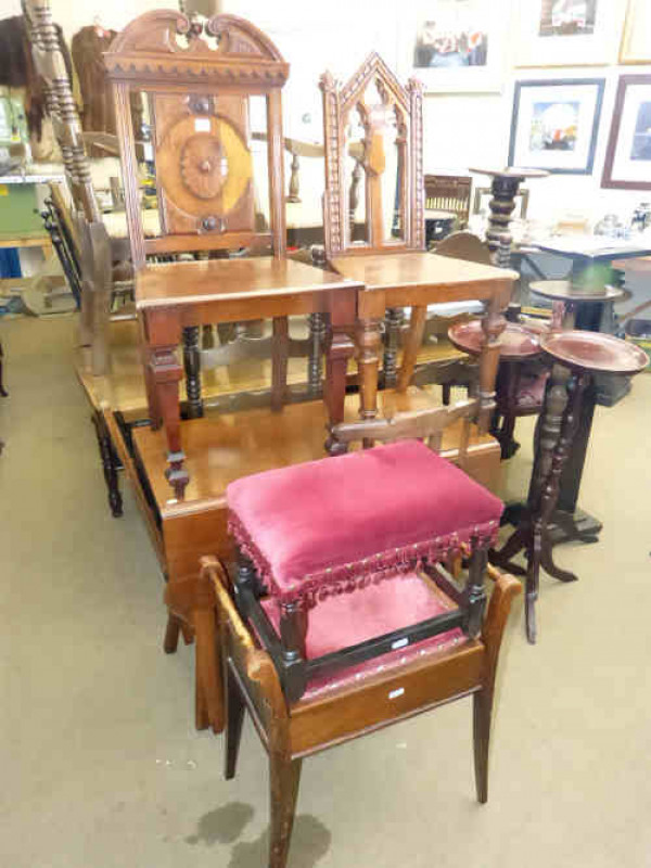 Mahogany drop leaf dining table, two Victorian hall chairs, sewing chair, occasional chair, piano stool and turned leg stool (7)