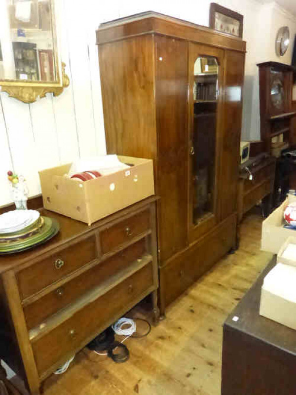 1930's oak mirror door three piece bedroom suite