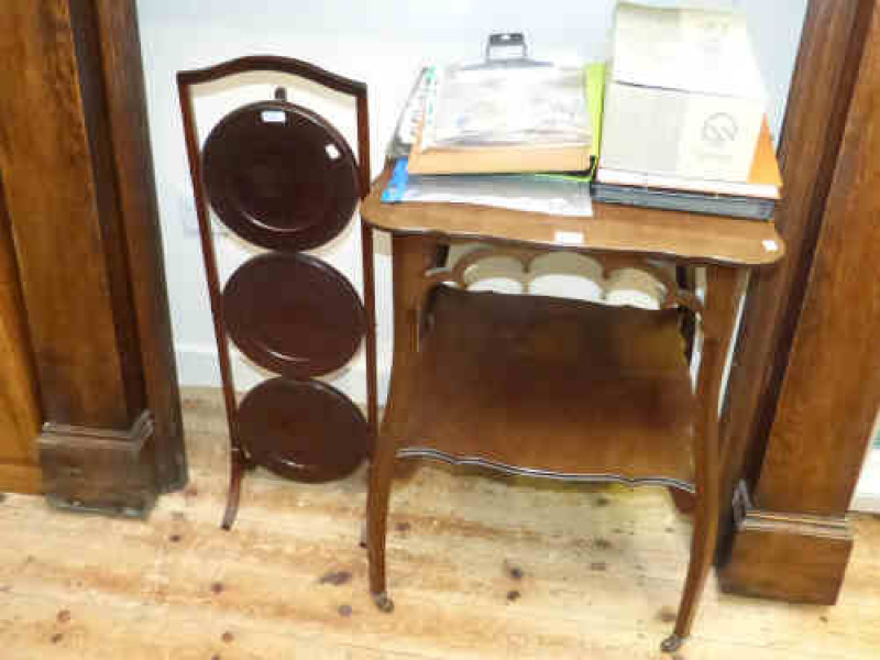 Late Victorian shaped top occasional table and mahogany three tier cakestand