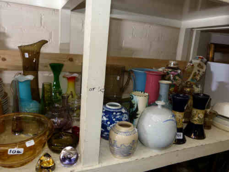 Bretby vase, pair of stoneware vases, Oriental vases, two jelly moulds, various coloured glassware etc.