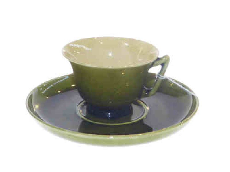 Linthorpe pottery Ch. Dresser saucer No. 640 and Linthorpe cup No. 1400 on green glaze