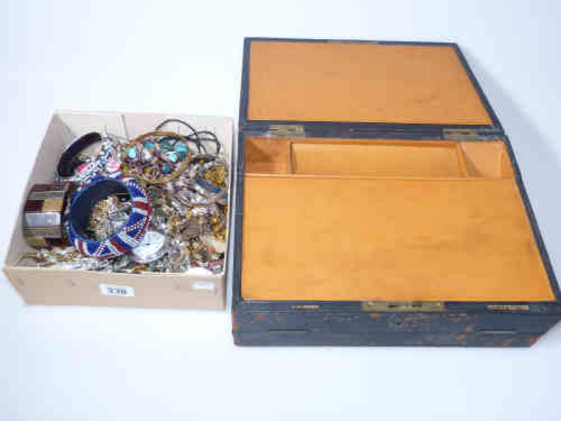 Box of costume jewellery and a leather stationery box