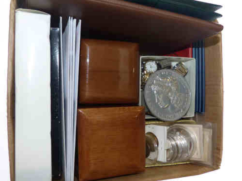 Box of coins, first day covers, two silver medals and watches